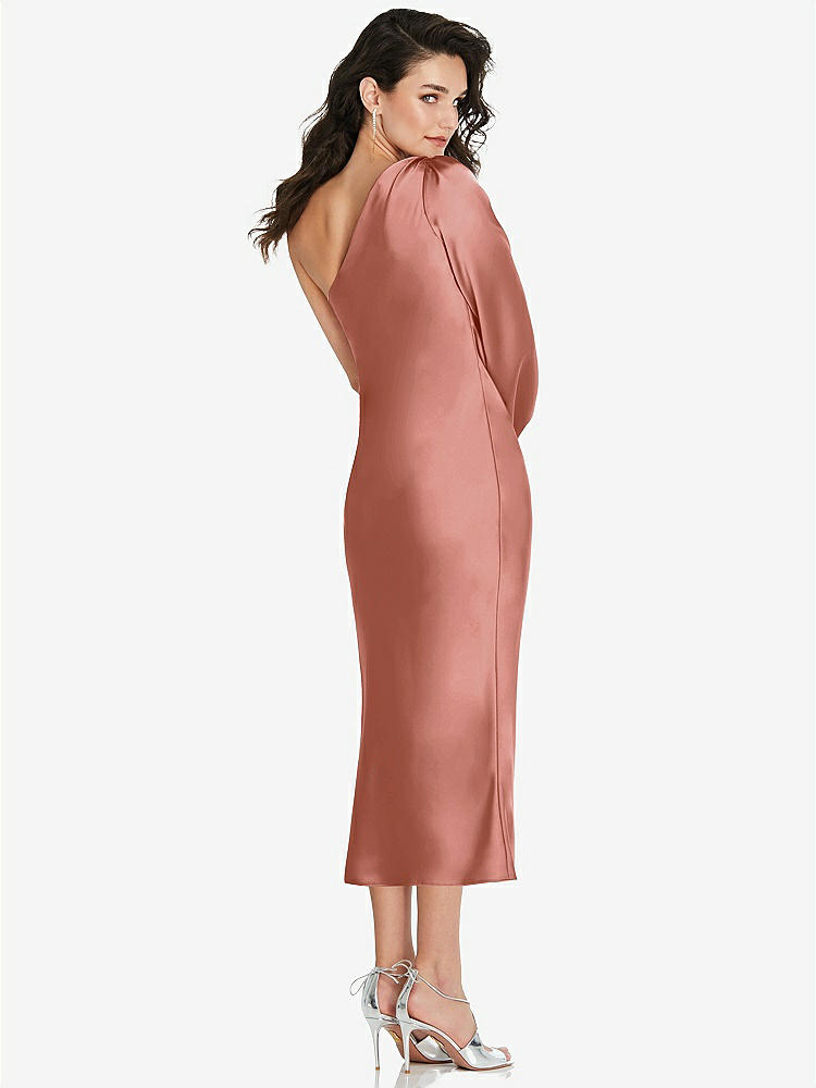 【STYLE: 8215】One-Shoulder Puff Sleeve Midi Bias Dress with Side Slit【COLOR: Desert Rose】
