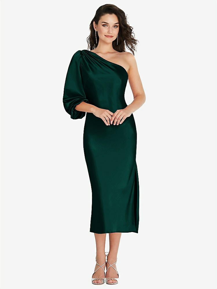 【STYLE: 8215】One-Shoulder Puff Sleeve Midi Bias Dress with Side Slit【COLOR: Evergreen】