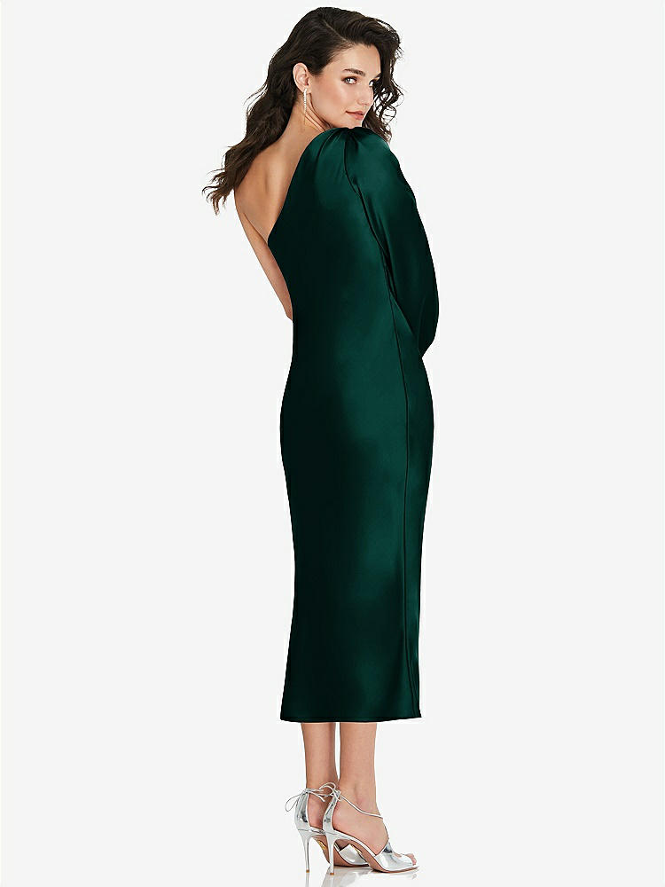 【STYLE: 8215】One-Shoulder Puff Sleeve Midi Bias Dress with Side Slit【COLOR: Evergreen】