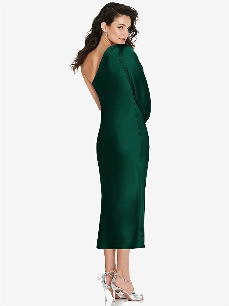 【STYLE: 8215】One-Shoulder Puff Sleeve Midi Bias Dress with Side Slit【COLOR: Hunter Green】