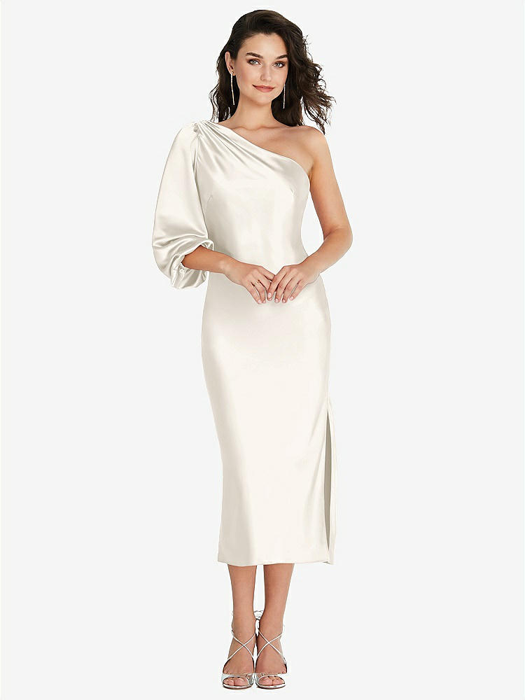 【STYLE: 8215】One-Shoulder Puff Sleeve Midi Bias Dress with Side Slit【COLOR: Ivory】