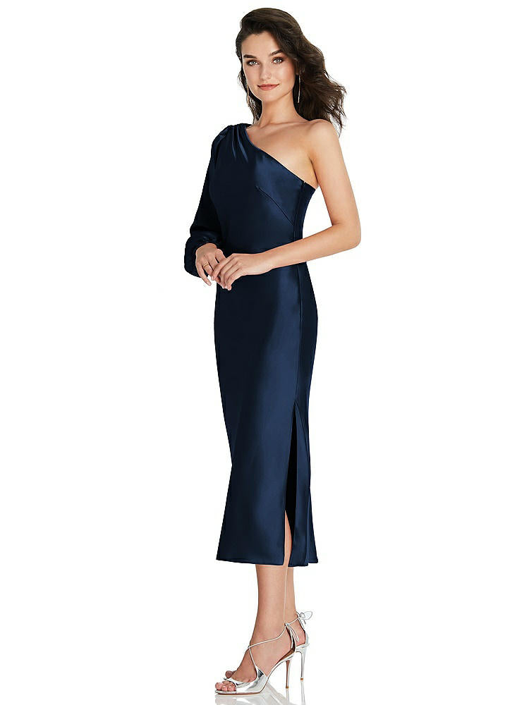 【NEW】【STYLE: 8215】ワンショルダー パフ スリーブ MIDI バイアス ドレス サイド スリット【COLOR: Midnight Navy】【SIZE: 00-30W】