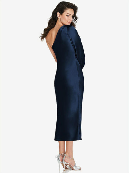 【NEW】【STYLE: 8215】ワンショルダー パフ スリーブ MIDI バイアス ドレス サイド スリット【COLOR: Midnight Navy】【SIZE: 00-30W】