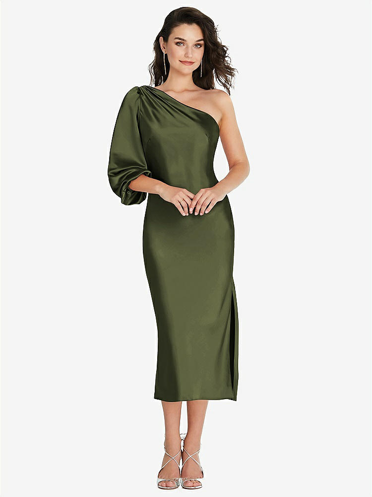 【STYLE: 8215】One-Shoulder Puff Sleeve Midi Bias Dress with Side Slit【COLOR: Olive Green】
