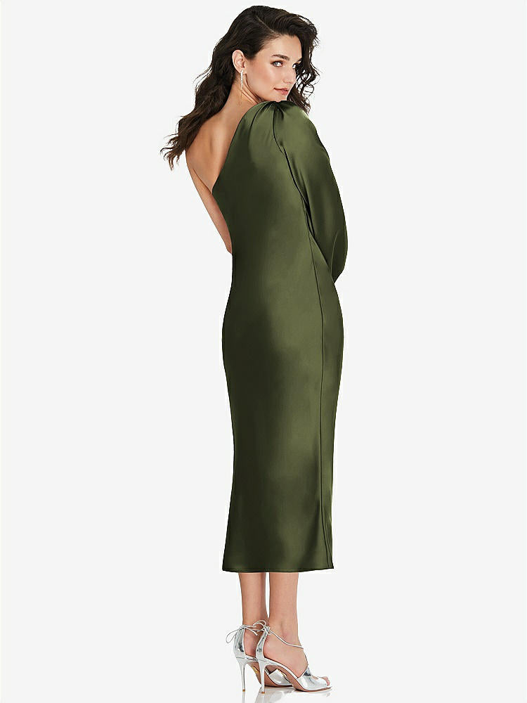 【STYLE: 8215】One-Shoulder Puff Sleeve Midi Bias Dress with Side Slit【COLOR: Olive Green】