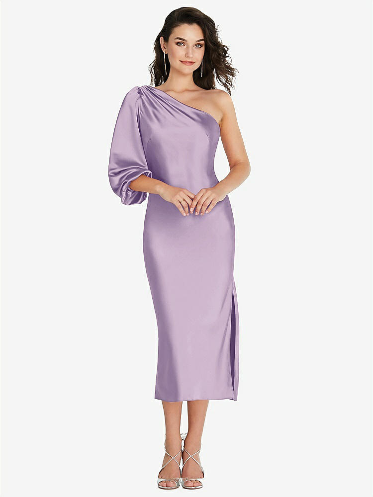 【NEW】【STYLE: 8215】ワンショルダー パフ スリーブ MIDI バイアス ドレス サイド スリット【COLOR: Pale Purple】【SIZE: 00-30W】