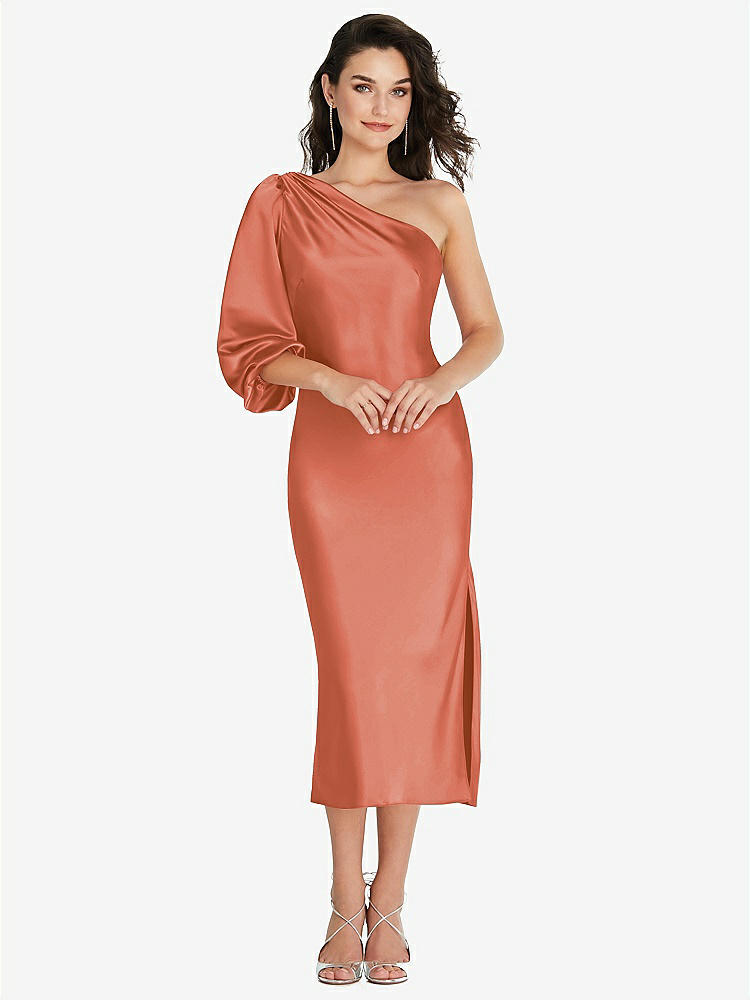 【STYLE: 8215】One-Shoulder Puff Sleeve Midi Bias Dress with Side Slit【COLOR: Terracotta Copper】