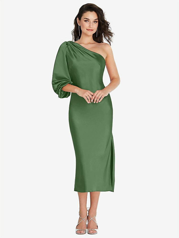 【NEW】【STYLE: 8215】ワンショルダー パフ スリーブ MIDI バイアス ドレス サイド スリット【COLOR: Vineyard Green】【SIZE: 00-30W】