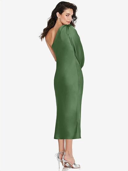 【NEW】【STYLE: 8215】ワンショルダー パフ スリーブ MIDI バイアス ドレス サイド スリット【COLOR: Vineyard Green】【SIZE: 00-30W】