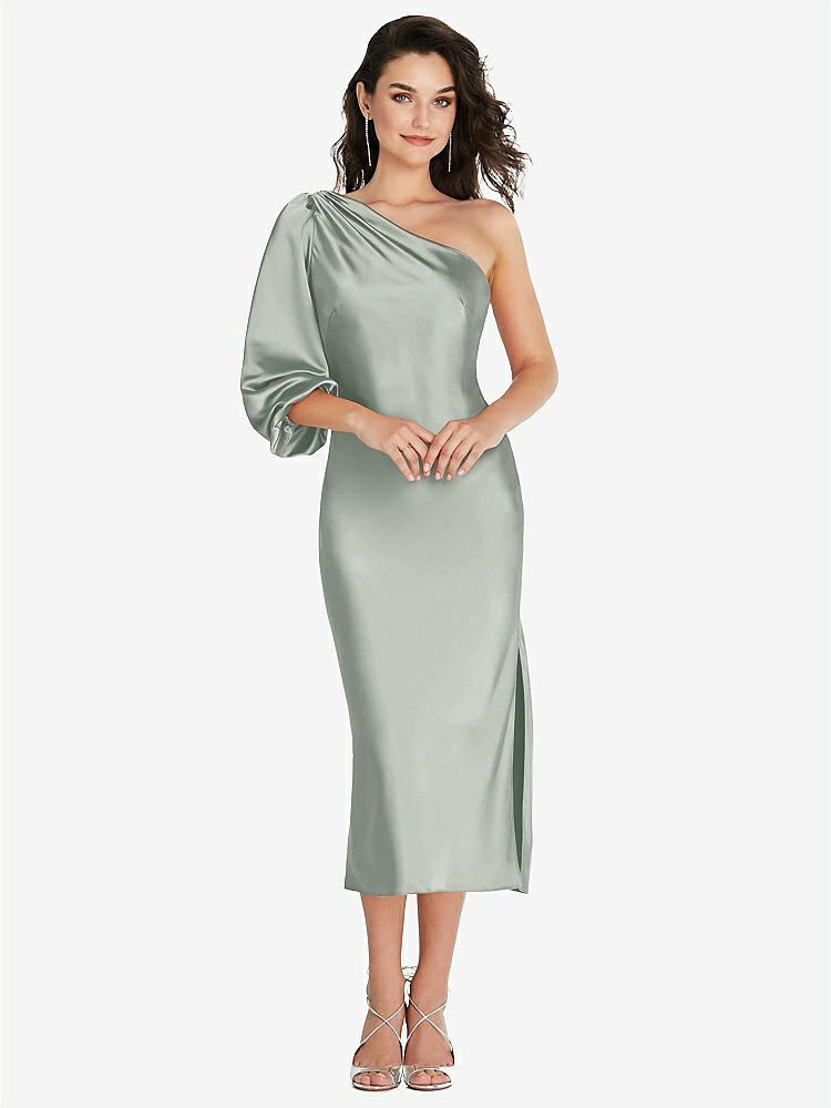 【STYLE: 8215】One-Shoulder Puff Sleeve Midi Bias Dress with Side Slit【COLOR: Willow Green】