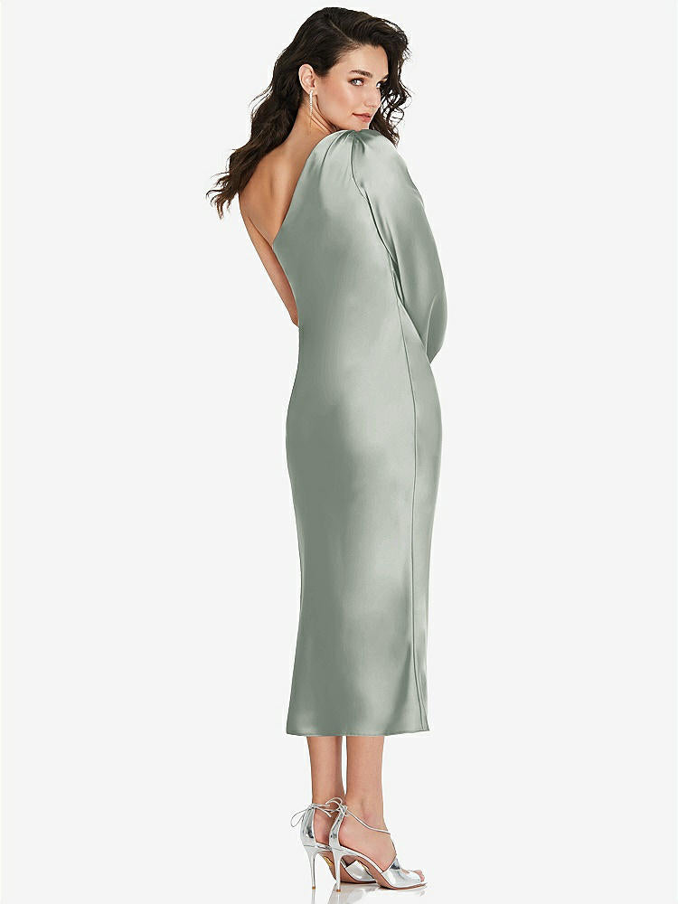 【STYLE: 8215】One-Shoulder Puff Sleeve Midi Bias Dress with Side Slit【COLOR: Willow Green】