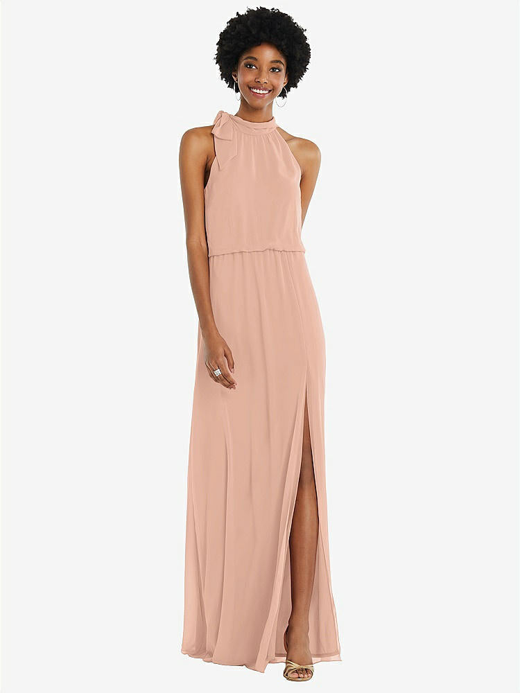【STYLE: 1562】Scarf Tie High Neck Blouson Bodice Maxi Dress with Front Slit【COLOR: Pale Peach】