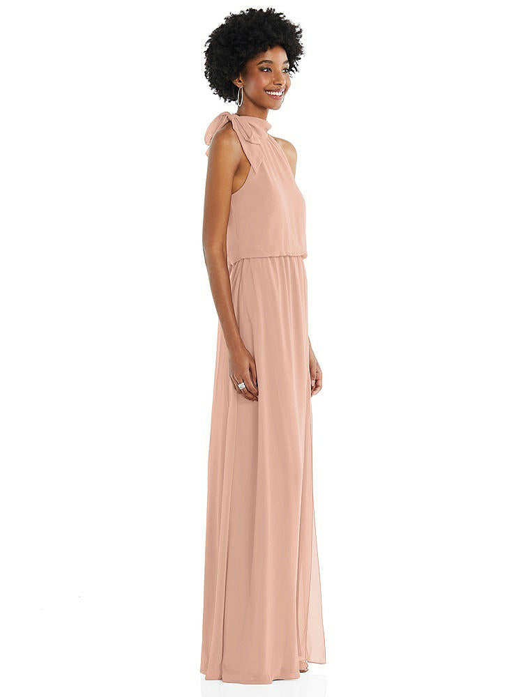 【STYLE: 1562】Scarf Tie High Neck Blouson Bodice Maxi Dress with Front Slit【COLOR: Pale Peach】