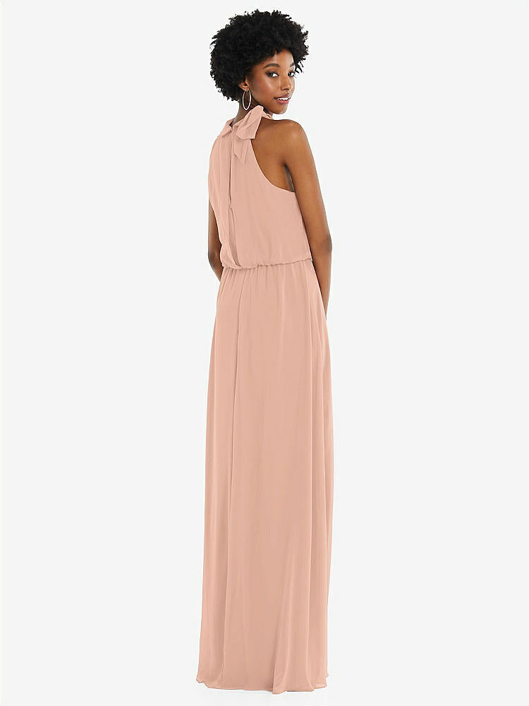 【STYLE: 1562】Scarf Tie High Neck Blouson Bodice Maxi Dress with Front Slit【COLOR: Pale Peach】
