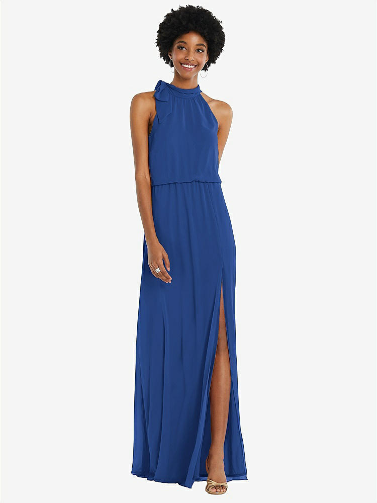 【STYLE: 1562】Scarf Tie High Neck Blouson Bodice Maxi Dress with Front Slit【COLOR: Classic Blue】
