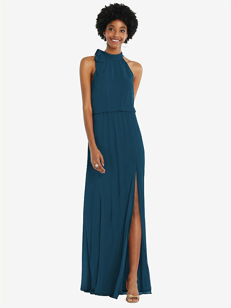 【STYLE: 1562】Scarf Tie High Neck Blouson Bodice Maxi Dress with Front Slit【COLOR: Atlantic Blue】