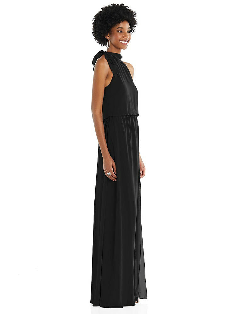 【STYLE: 1562】Scarf Tie High Neck Blouson Bodice Maxi Dress with Front Slit【COLOR: Black】