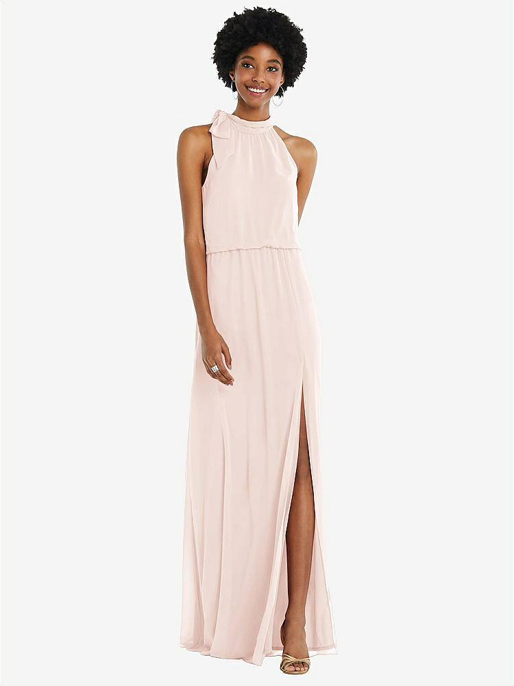 【STYLE: 1562】Scarf Tie High Neck Blouson Bodice Maxi Dress with Front Slit【COLOR: Blush】