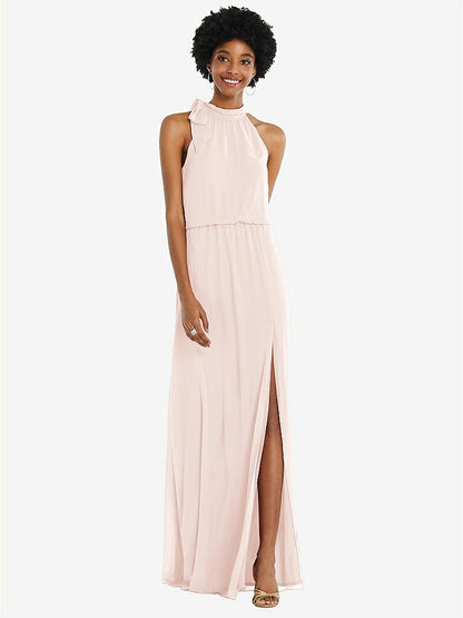 【STYLE: 1562】Scarf Tie High Neck Blouson Bodice Maxi Dress with Front Slit【COLOR: Blush】