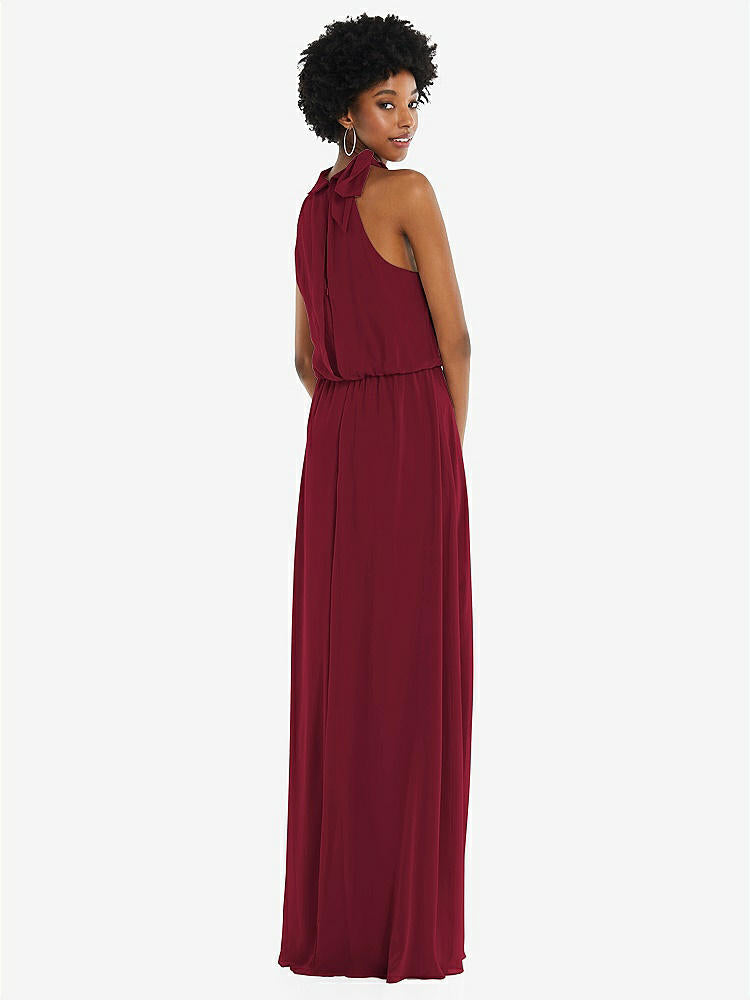 【STYLE: 1562】Scarf Tie High Neck Blouson Bodice Maxi Dress with Front Slit【COLOR: Burgundy】