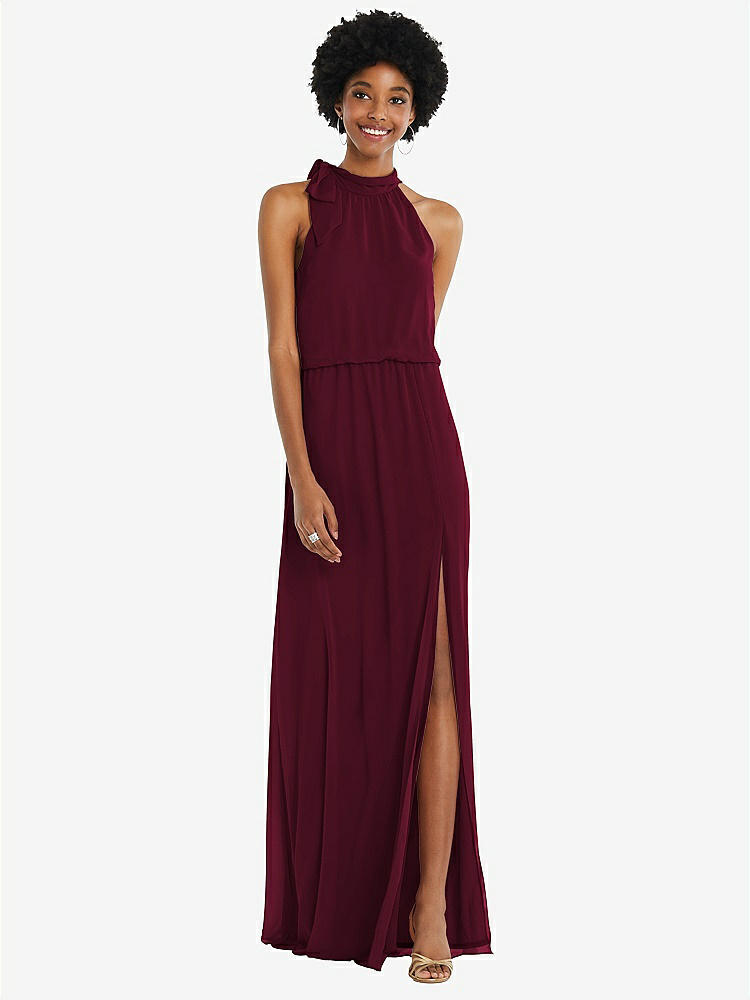【STYLE: 1562】Scarf Tie High Neck Blouson Bodice Maxi Dress with Front Slit【COLOR: Cabernet】