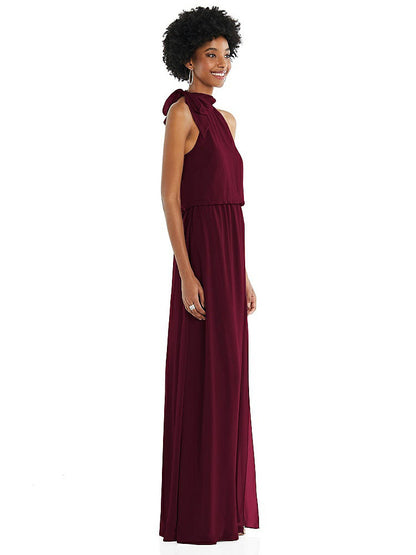 【STYLE: 1562】Scarf Tie High Neck Blouson Bodice Maxi Dress with Front Slit【COLOR: Cabernet】