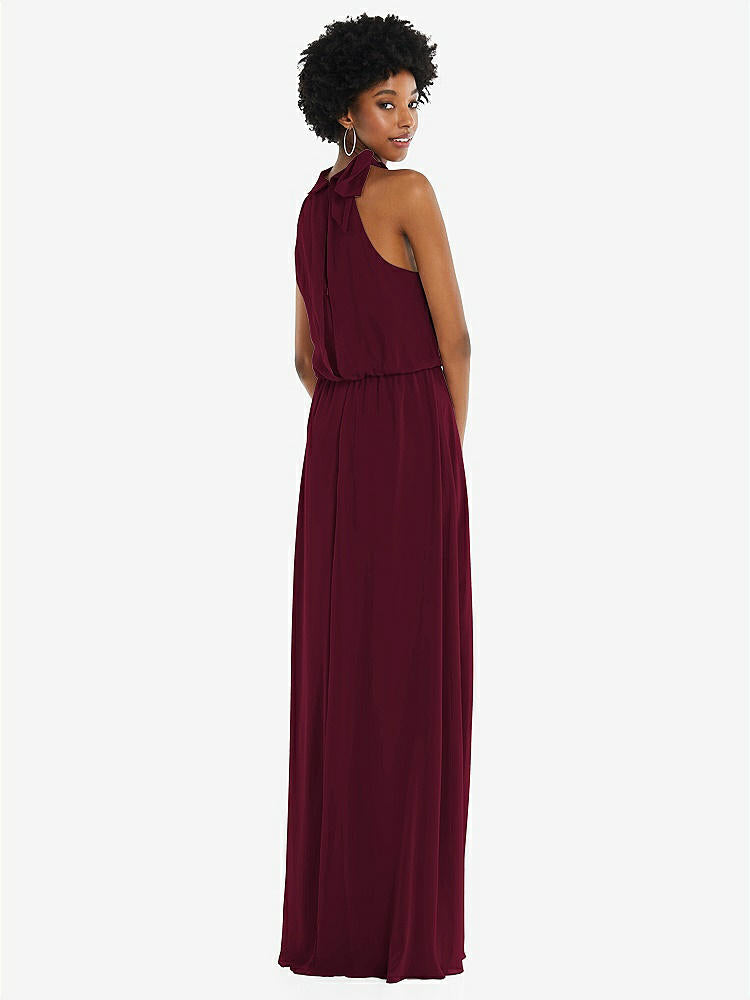【STYLE: 1562】Scarf Tie High Neck Blouson Bodice Maxi Dress with Front Slit【COLOR: Cabernet】