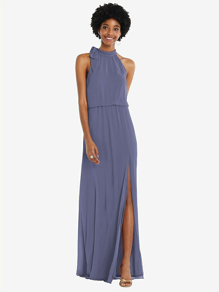 【STYLE: 1562】Scarf Tie High Neck Blouson Bodice Maxi Dress with Front Slit【COLOR: French Blue】