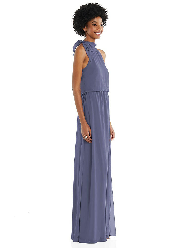 【STYLE: 1562】Scarf Tie High Neck Blouson Bodice Maxi Dress with Front Slit【COLOR: French Blue】