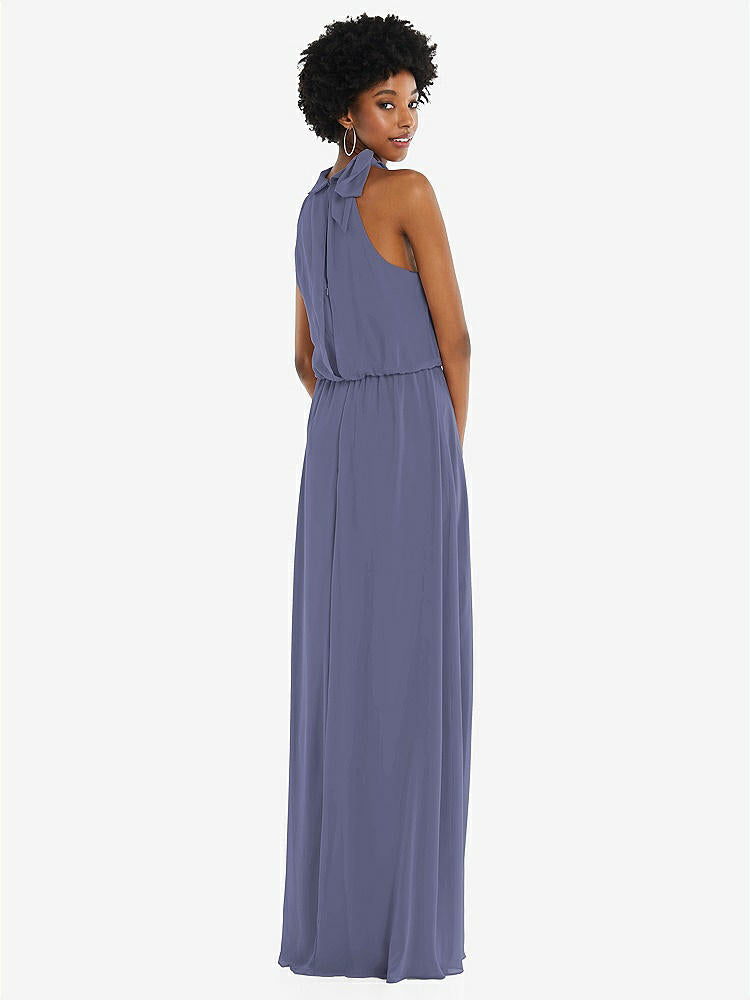 【STYLE: 1562】Scarf Tie High Neck Blouson Bodice Maxi Dress with Front Slit【COLOR: French Blue】