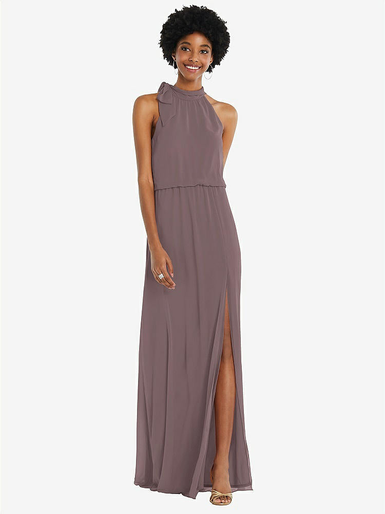 【STYLE: 1562】Scarf Tie High Neck Blouson Bodice Maxi Dress with Front Slit【COLOR: French Truffle】