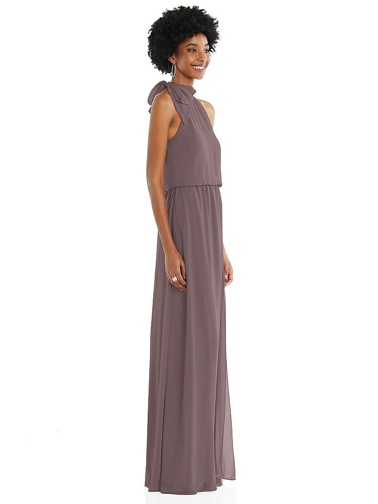 【STYLE: 1562】Scarf Tie High Neck Blouson Bodice Maxi Dress with Front Slit【COLOR: French Truffle】