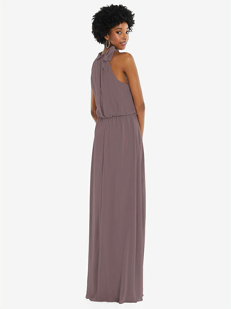 【STYLE: 1562】Scarf Tie High Neck Blouson Bodice Maxi Dress with Front Slit【COLOR: French Truffle】