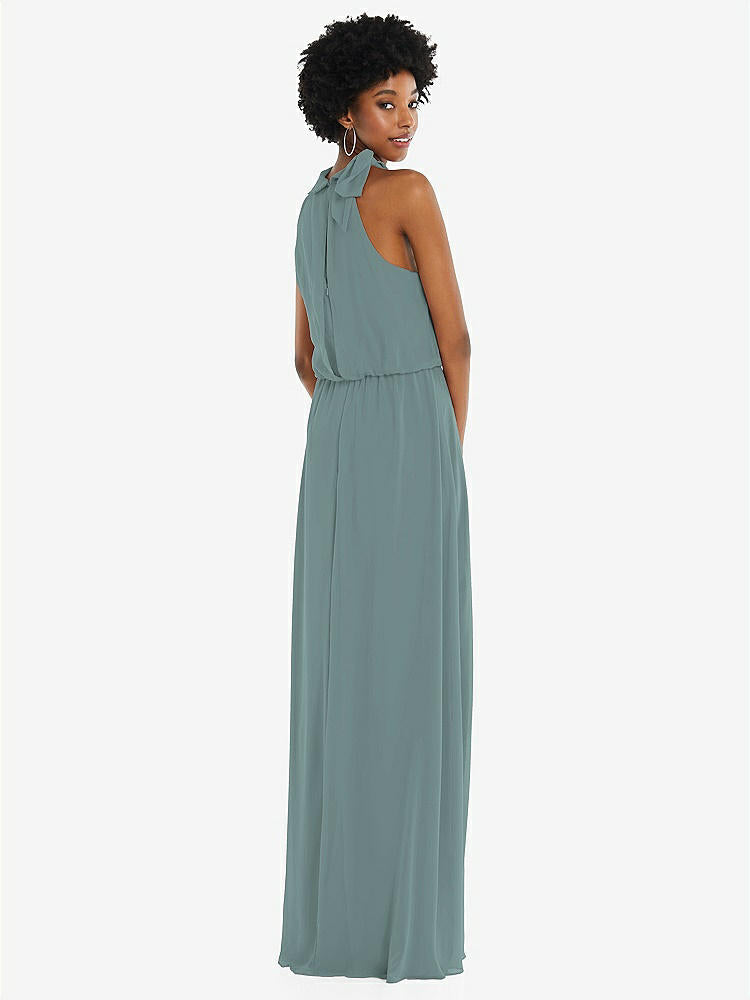【STYLE: 1562】Scarf Tie High Neck Blouson Bodice Maxi Dress with Front Slit【COLOR: Icelandic】