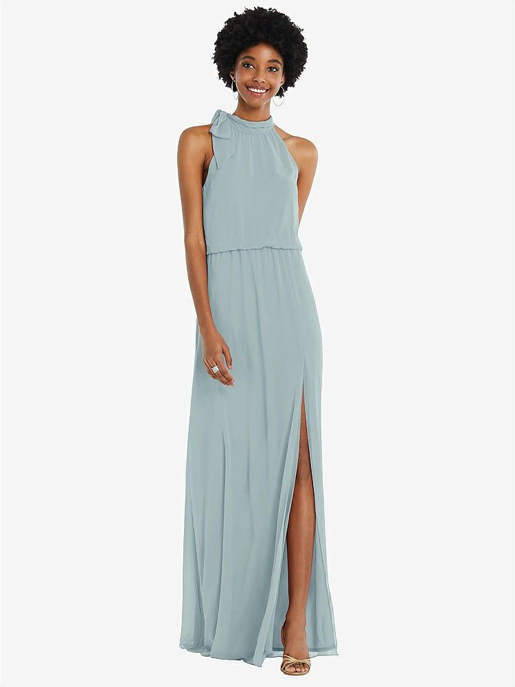 【STYLE: 1562】Scarf Tie High Neck Blouson Bodice Maxi Dress with Front Slit【COLOR: Morning Sky】