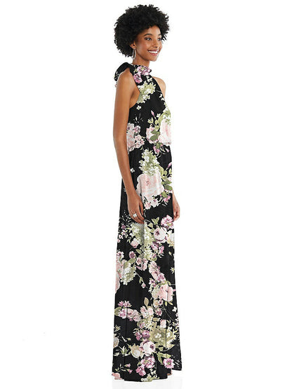 【STYLE: 1562】Scarf Tie High Neck Blouson Bodice Maxi Dress with Front Slit【COLOR: Noir Garden】