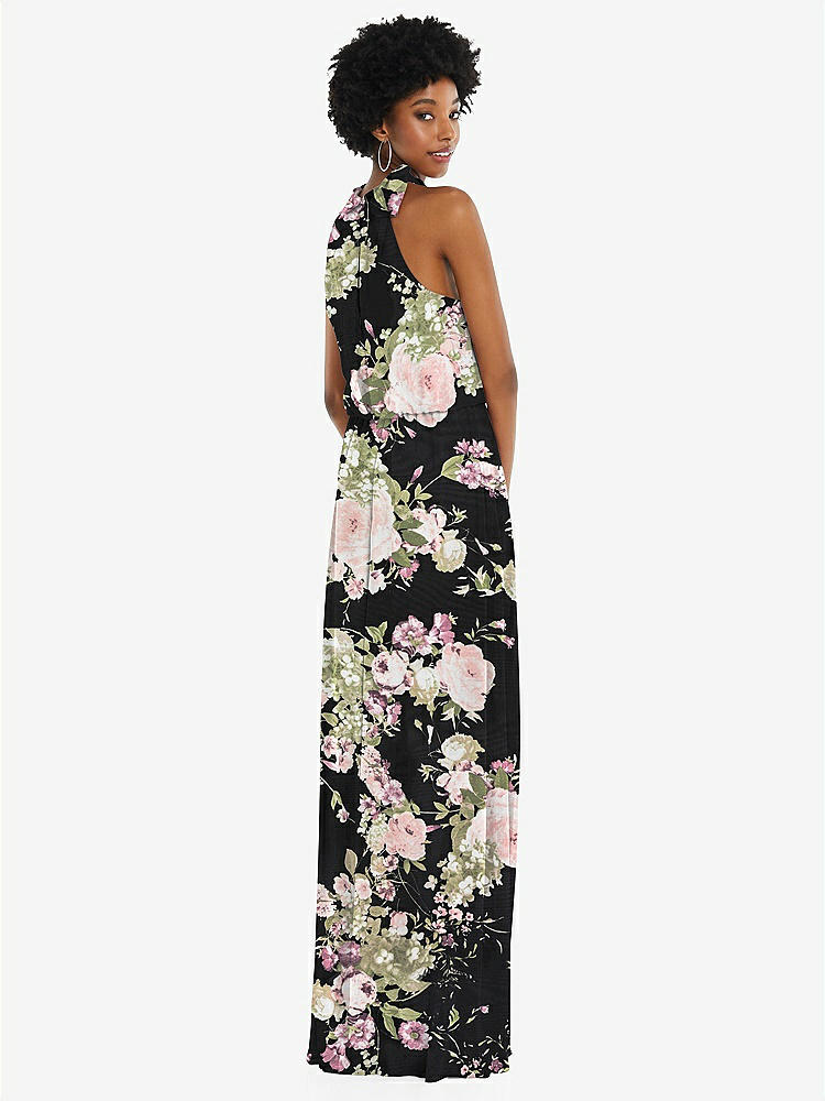【STYLE: 1562】Scarf Tie High Neck Blouson Bodice Maxi Dress with Front Slit【COLOR: Noir Garden】