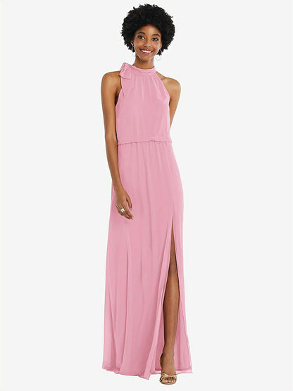 【STYLE: 1562】Scarf Tie High Neck Blouson Bodice Maxi Dress with Front Slit【COLOR: Peony Pink】