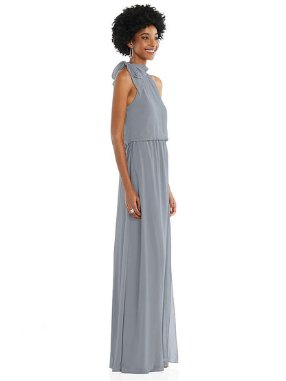 【STYLE: 1562】Scarf Tie High Neck Blouson Bodice Maxi Dress with Front Slit【COLOR: Platinum】
