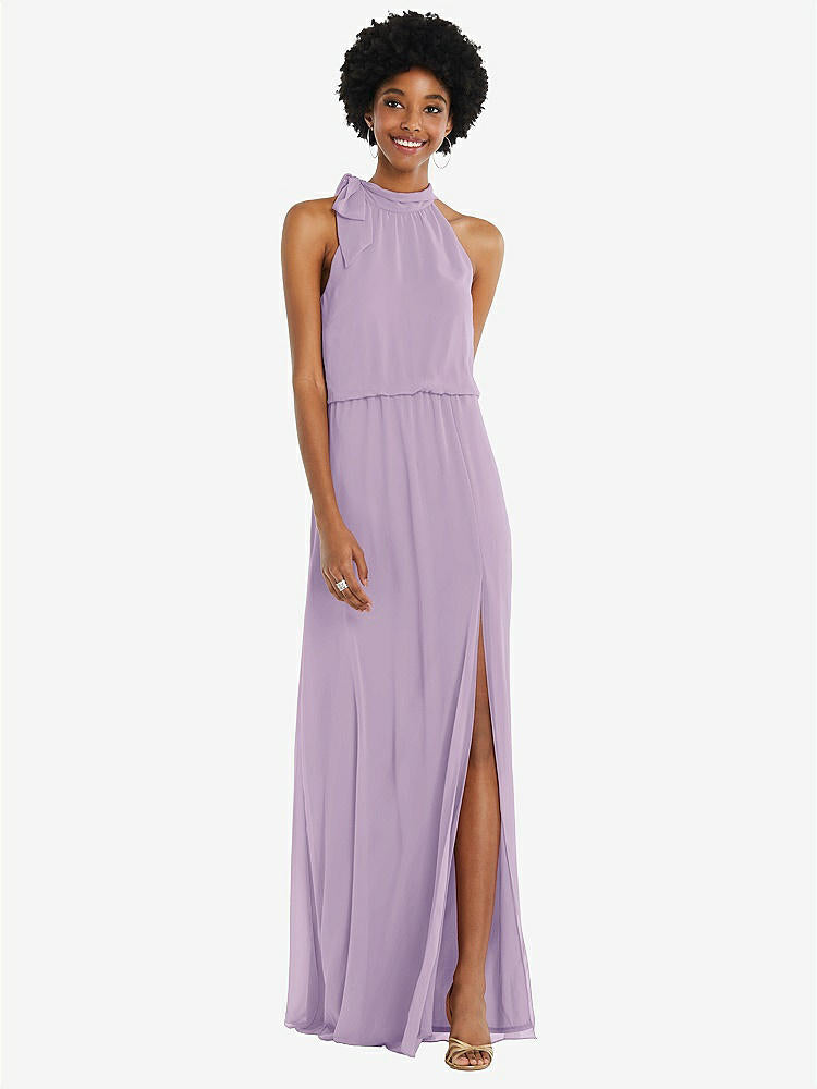 【STYLE: 1562】Scarf Tie High Neck Blouson Bodice Maxi Dress with Front Slit【COLOR: Pale Purple】