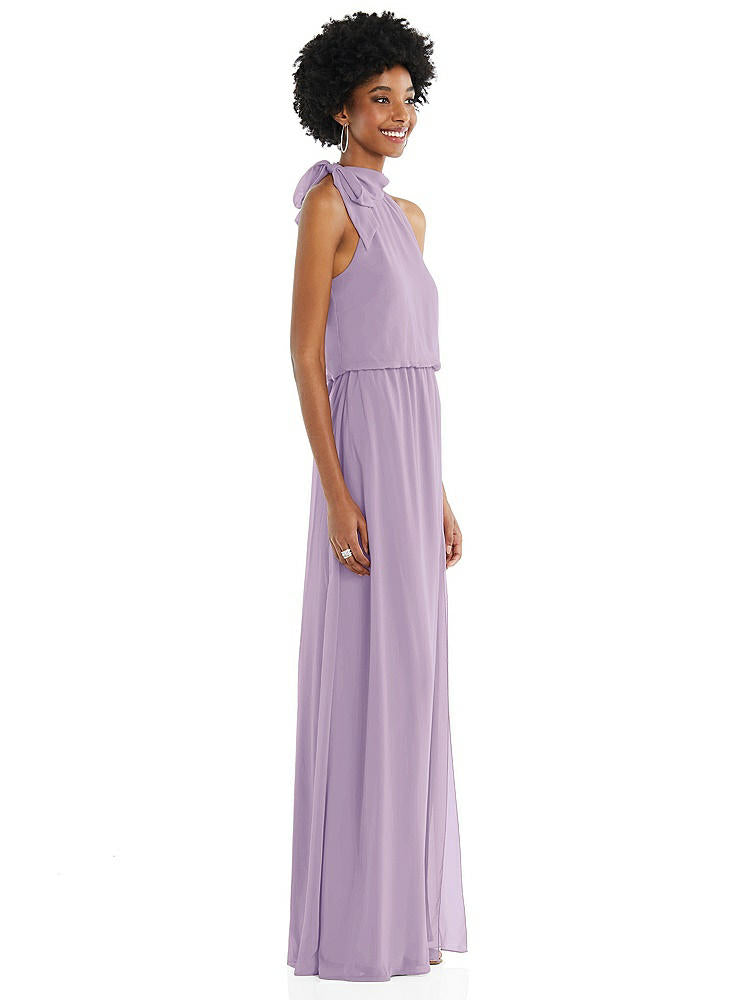 【STYLE: 1562】Scarf Tie High Neck Blouson Bodice Maxi Dress with Front Slit【COLOR: Pale Purple】