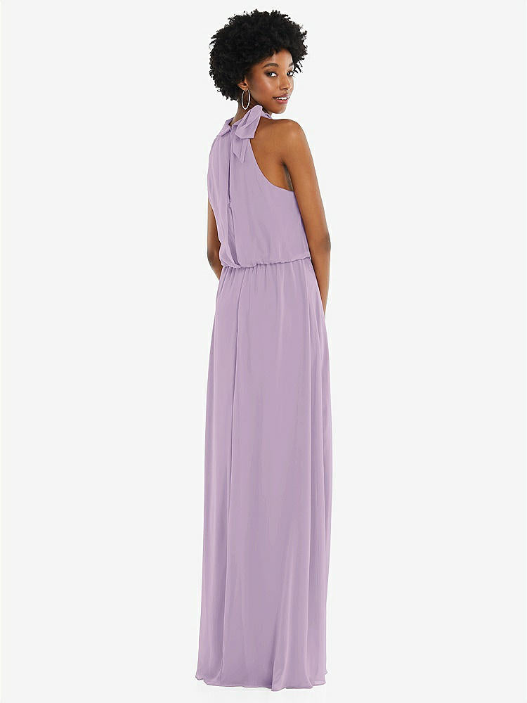【STYLE: 1562】Scarf Tie High Neck Blouson Bodice Maxi Dress with Front Slit【COLOR: Pale Purple】