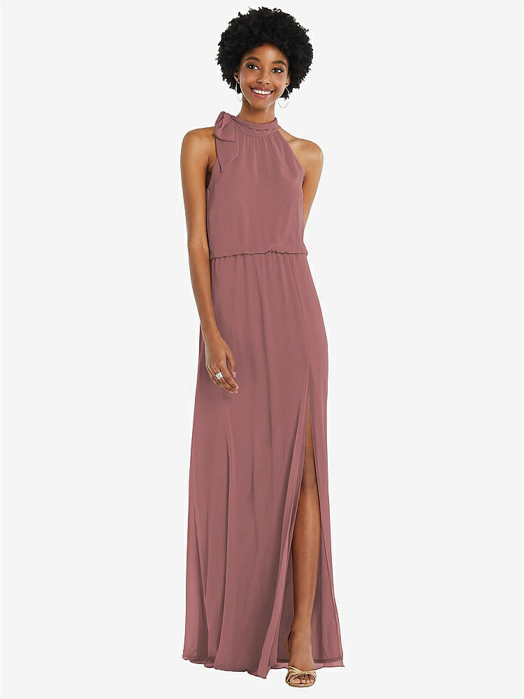【STYLE: 1562】Scarf Tie High Neck Blouson Bodice Maxi Dress with Front Slit【COLOR: Rosewood】