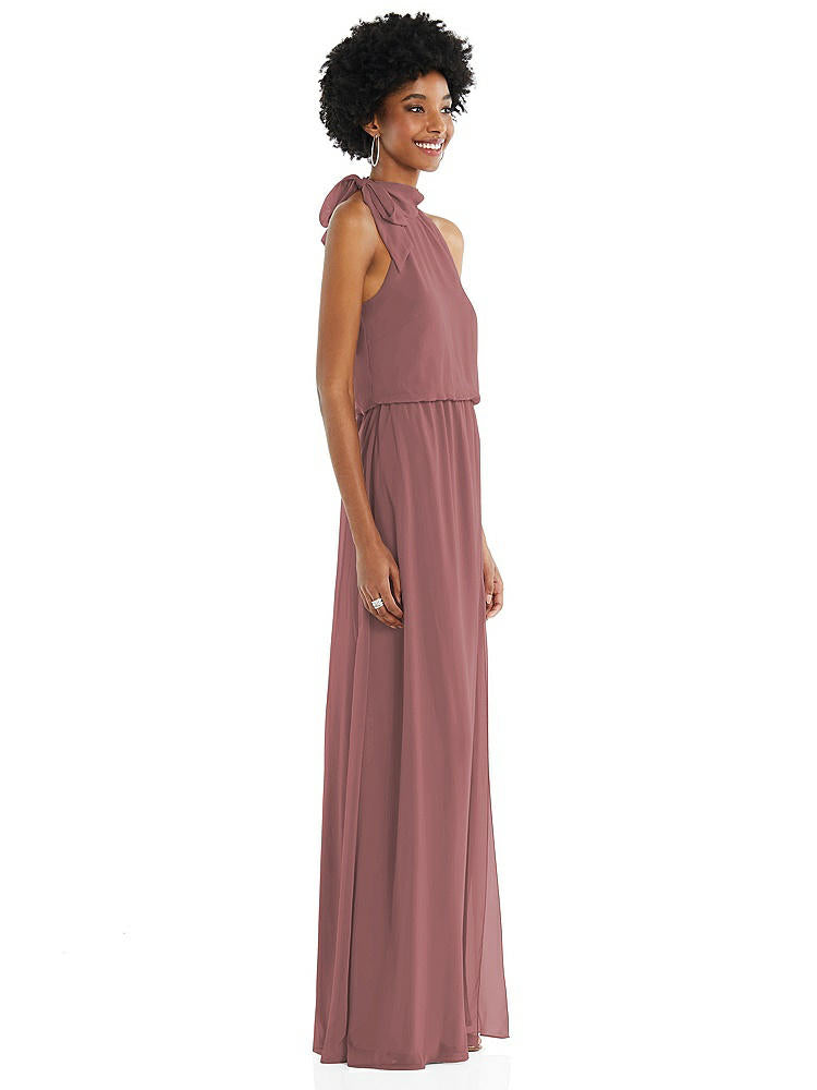 【STYLE: 1562】Scarf Tie High Neck Blouson Bodice Maxi Dress with Front Slit【COLOR: Rosewood】