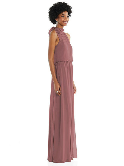【STYLE: 1562】Scarf Tie High Neck Blouson Bodice Maxi Dress with Front Slit【COLOR: Rosewood】