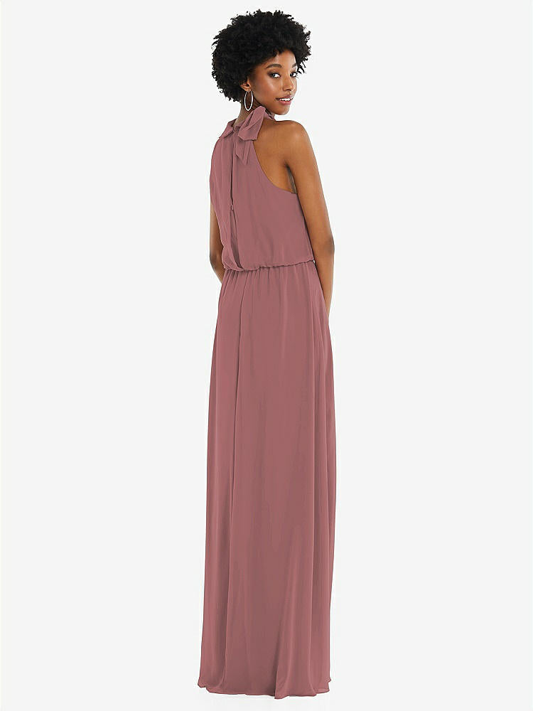 【STYLE: 1562】Scarf Tie High Neck Blouson Bodice Maxi Dress with Front Slit【COLOR: Rosewood】
