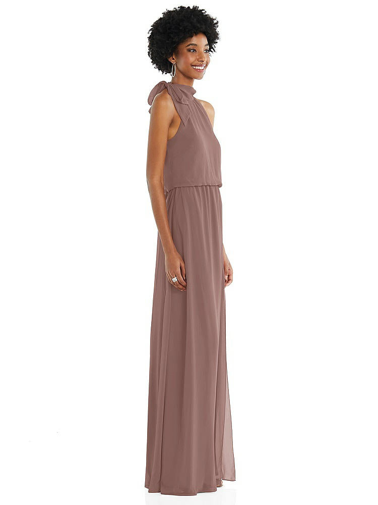 【STYLE: 1562】Scarf Tie High Neck Blouson Bodice Maxi Dress with Front Slit【COLOR: Sienna】
