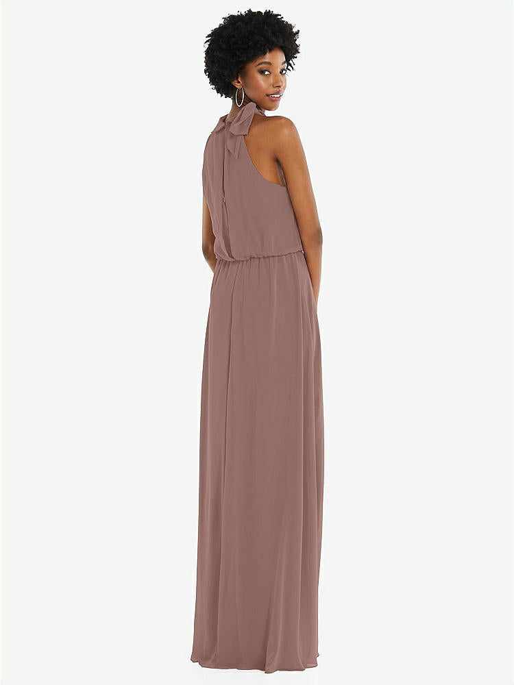 【STYLE: 1562】Scarf Tie High Neck Blouson Bodice Maxi Dress with Front Slit【COLOR: Sienna】