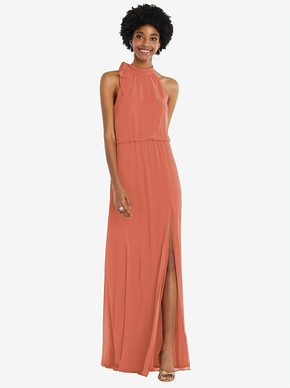 【STYLE: 1562】Scarf Tie High Neck Blouson Bodice Maxi Dress with Front Slit【COLOR: Terracotta Copper】