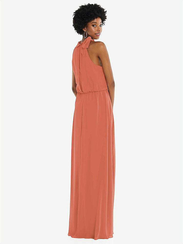 【STYLE: 1562】Scarf Tie High Neck Blouson Bodice Maxi Dress with Front Slit【COLOR: Terracotta Copper】